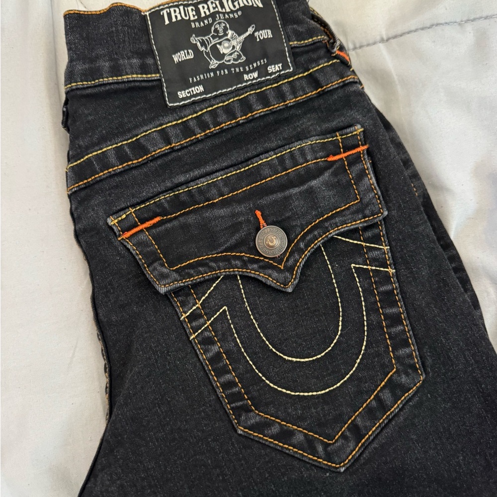 True Religion Dark Gray Men's Jeans with Orange Stitching